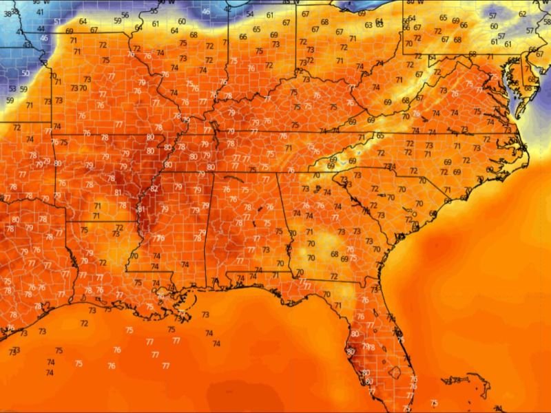 Gulf Coast States From Texas to Florida See Unseasonable 70s Heat and High Humidity Creating Sticky Conditions Across the South