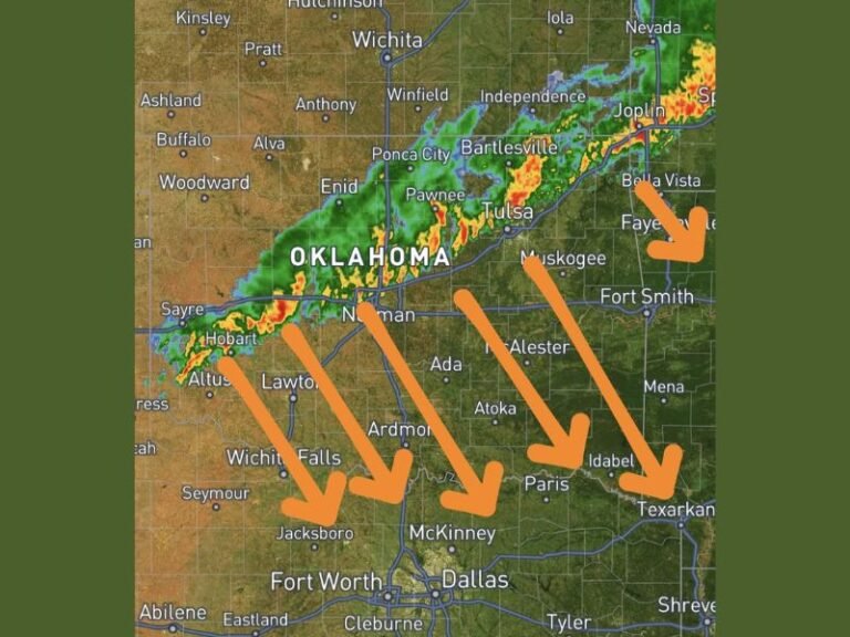 Heavy Rain and Storm System Dropping South Across Oklahoma Overnight Targeting Dallas, Fort Worth, and North Texas as Cold Front Races In
