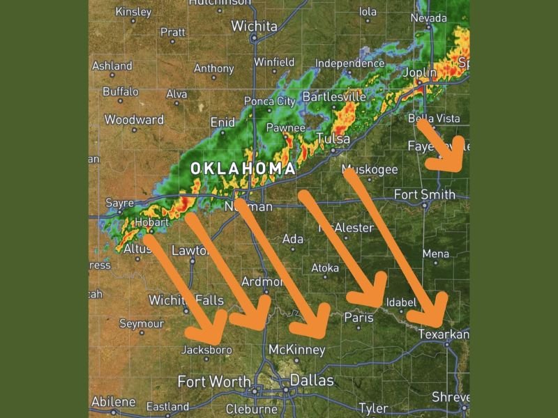 Heavy Rain and Storm System Dropping South Across Oklahoma Overnight Targeting Dallas, Fort Worth, and North Texas as Cold Front Races In