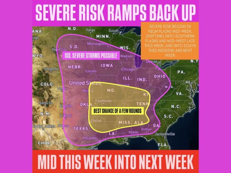 High Plains to Dixie Alley on Alert as Texas, Oklahoma, Missouri, Alabama, Mississippi and Tennessee Face Multiple Rounds of Severe Storms From Midweek Into Next Week