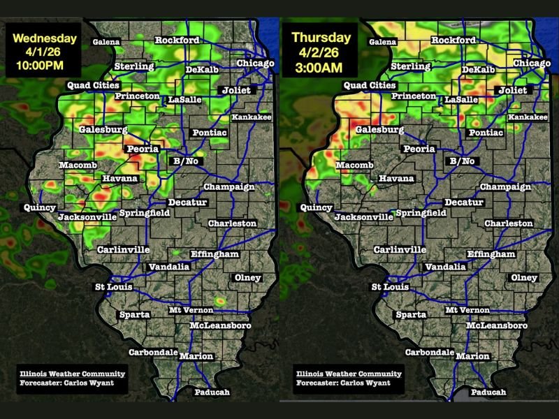Illinois Faces Two Rounds of Storms From Overnight Rain to Thursday Afternoon Severe Threat With Tornado Risk Peaking Between 2 PM and 10 PM
