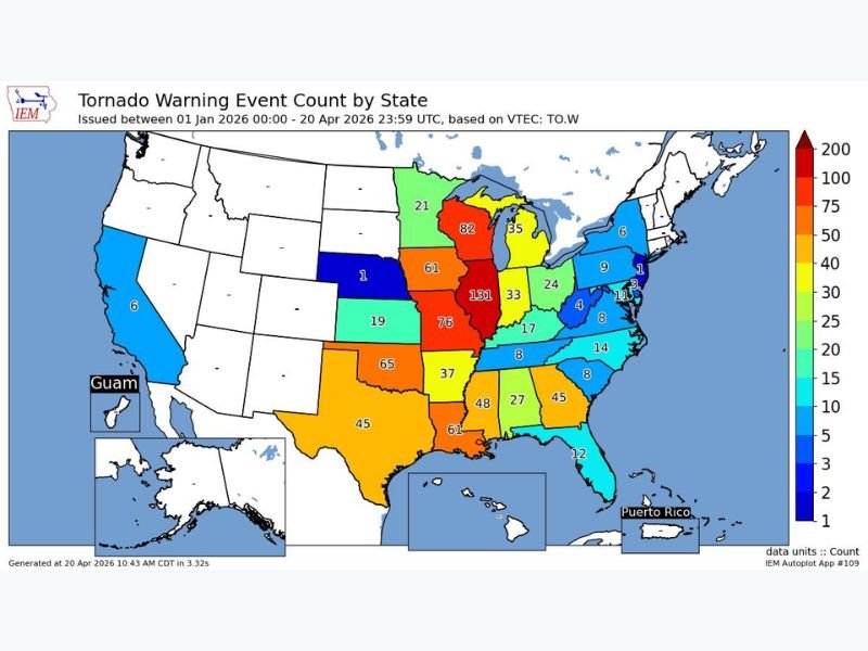 Illinois Tops the Nation With 131 Tornado Warnings in 2026, Wisconsin and Missouri Follow as Most Tornado Warning Impacted States So Far This Year