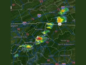 Isolated Mountain Thunderstorms Developing Across Tennessee and North Carolina Highlands Near Boone and Roan Mountain With Wildfire-Starting Lightning Risk