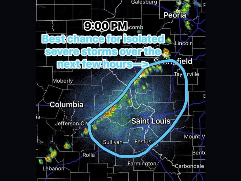 Isolated Severe Storms Target St Louis Missouri and Surrounding Illinois Areas Tonight With Low Tornado Risk but Lightning and Gusty Winds Possible