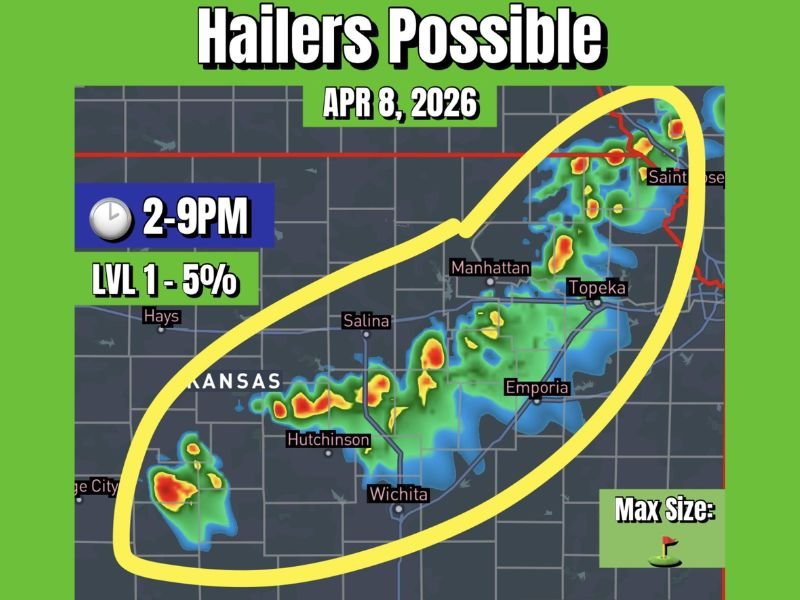 Kansas Storm Risk Targets Wichita, Hutchinson, Salina, Topeka and Manhattan With Hail Possible Up to Golf Ball Size Wednesday Afternoon