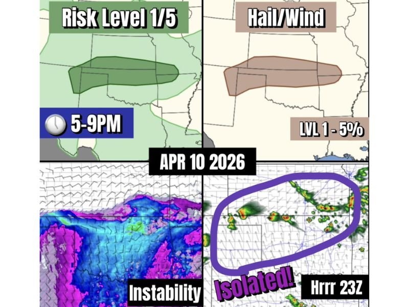 Kansas and Oklahoma Border Area Faces Isolated Evening Storm Risk With Potential for Hail and Gusty Winds Between 5 PM and 9 PM Friday