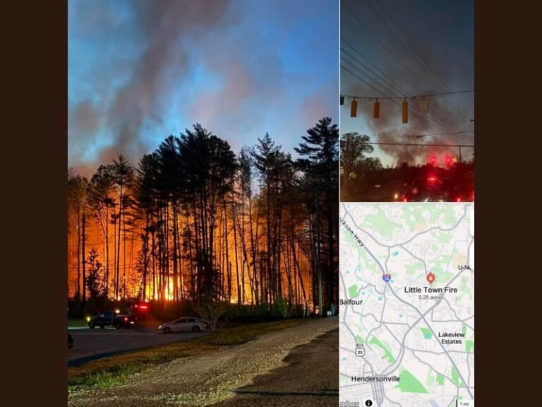 Large Brush Fire Breaks Out Along Chimney Rock Road North of Hendersonville in Henderson County North Carolina as Firefighters Work to Contain Blaze