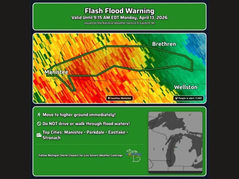 Michigan Flash Flood Warning Issued for Southern Manistee County as Tippy Dam Releases High Flows Into Manistee River Threatening 7,397 People Until 9:15 AM Monday