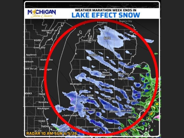 Michigan Lake Effect Snow Bands Sweep Across Lower Peninsula Sunday, Creating Slick Roads and Travel Concerns Into Evening