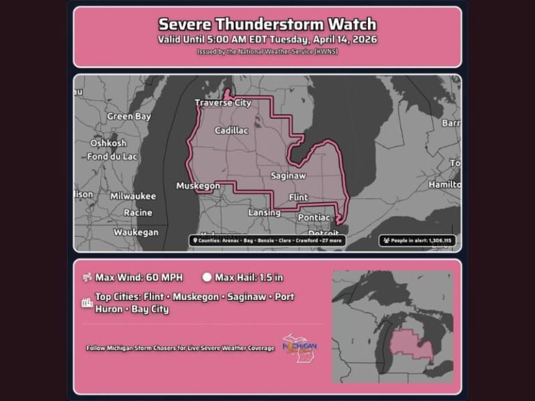 Michigan Severe Thunderstorm Watch Issued for Flint, Muskegon, Saginaw and 27 Counties Until 5 AM Tuesday With 60 MPH Winds and 1.5 Inch Hail Threatening 1.3 Million People