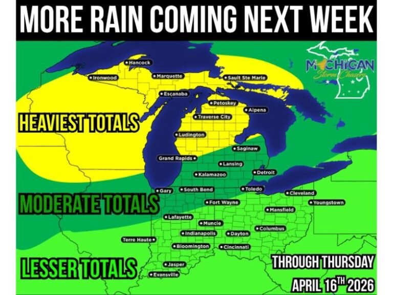 Michigan, Wisconsin, Indiana, and Ohio Face Additional Heavy Rain Threat Through Next Week With 1 to 4 Inches Increasing Flooding Concerns