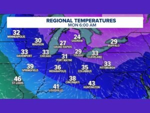 Minnesota, Michigan, Ohio, Indiana, and Illinois Freezing Temperatures Return Early Next Week as Major Cold Drop Brings Sub-32 Readings Monday Morning