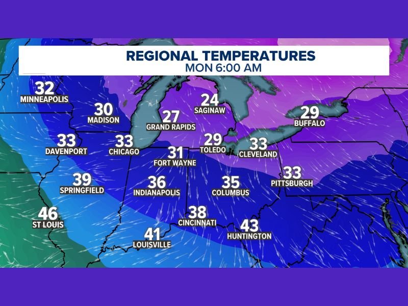 Minnesota, Michigan, Ohio, Indiana, and Illinois Freezing Temperatures Return Early Next Week as Major Cold Drop Brings Sub-32 Readings Monday Morning