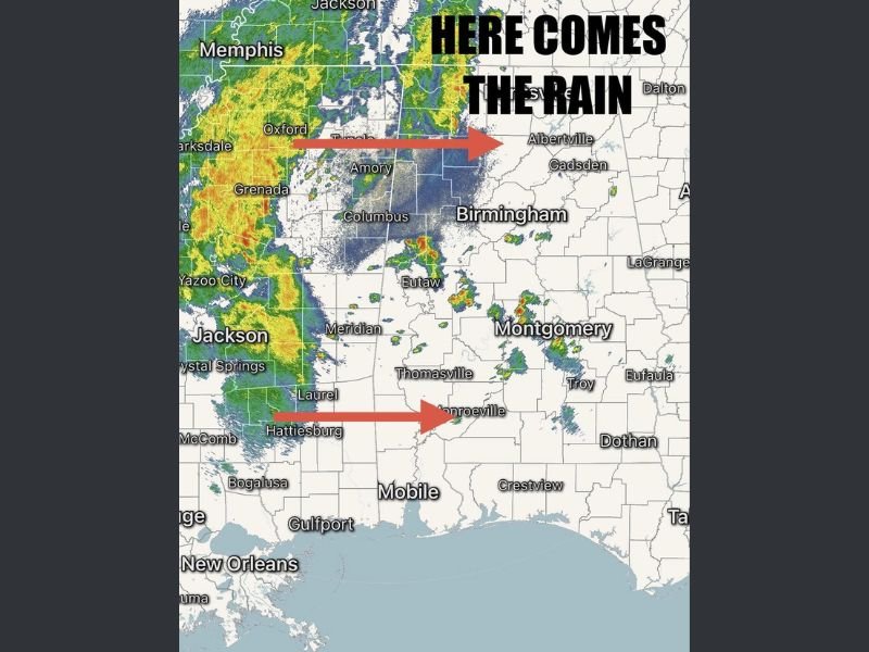 Mississippi and Alabama See Rain Line Push East From Jackson and Hattiesburg Toward Birmingham and Montgomery Bringing Best Rain Chance in Days