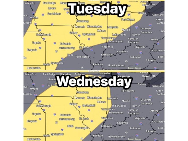 Missouri, Illinois, Indiana, Iowa, and Kansas Under Severe Weather Risk Tuesday and Wednesday With Storm Prediction Center Highlighting 15 Percent Threat Area