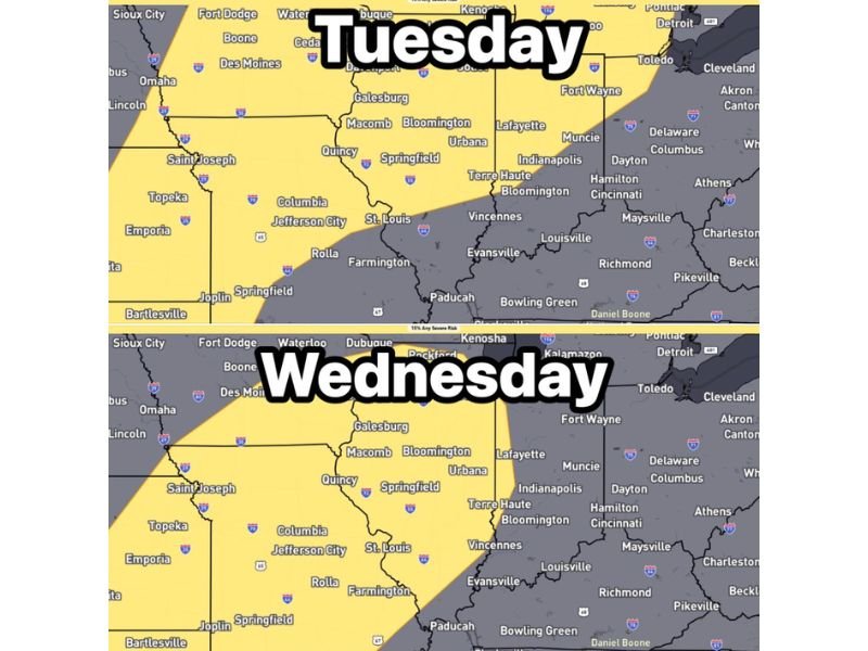 Missouri, Illinois, Indiana, Iowa, and Kansas Under Severe Weather Risk Tuesday and Wednesday With Storm Prediction Center Highlighting 15 Percent Threat Area
