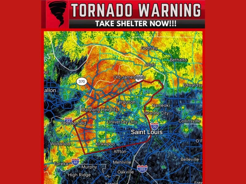 Missouri Tornado Warning Issued for St Louis as Tornado Capable Storm Moves East Through Town and Country at 25 MPH