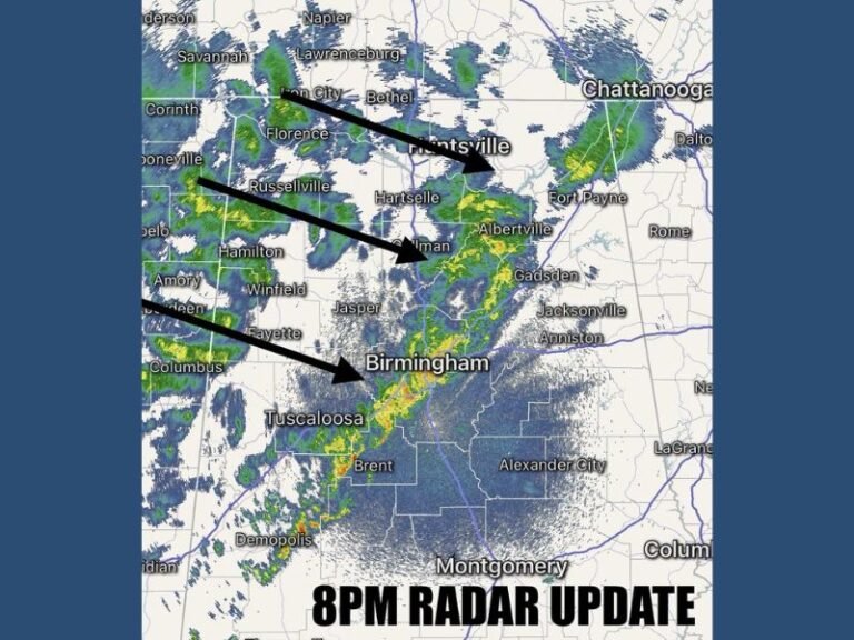 Much Needed Rain and Lightning Storms Rolling Through Alabama Saturday Night Targeting Birmingham, Huntsville, and Tuscaloosa With Overnight Showers Continuing
