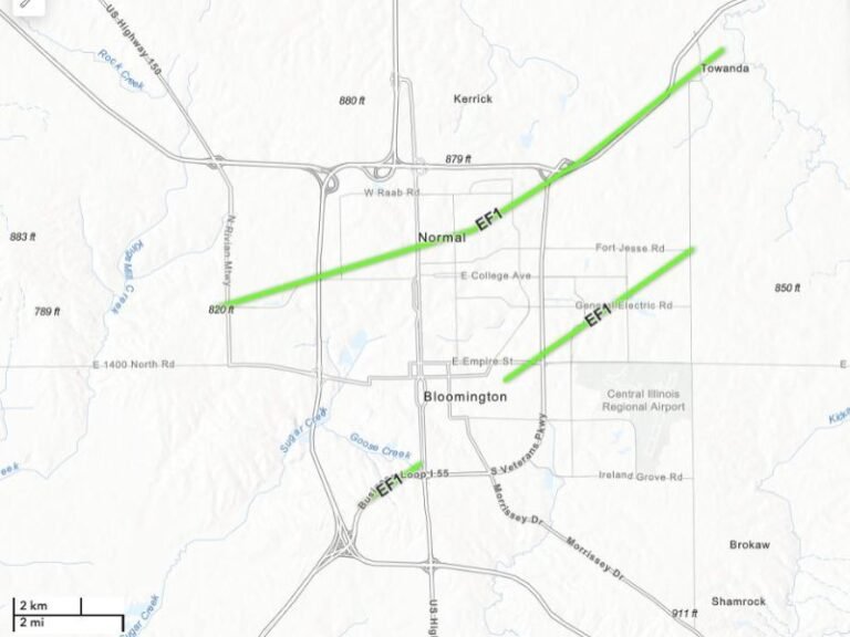 NWS Confirms 9 Tornadoes Touching Down Across McLean County Illinois Including 3 EF-1 Twisters Striking Bloomington and Normal