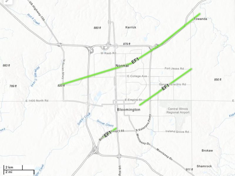 NWS Confirms 9 Tornadoes Touching Down Across McLean County Illinois Including 3 EF-1 Twisters Striking Bloomington and Normal