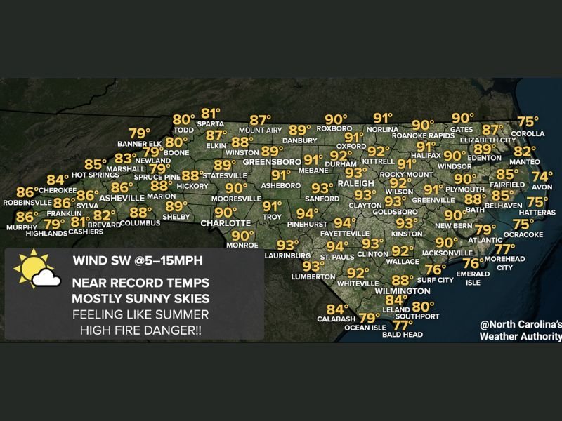 North Carolina Near Record Heat and High Wildfire Danger Thursday as Temperatures Soar Into the 80s and 90s Statewide