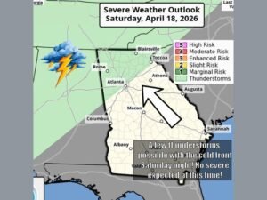 North Georgia Cold Front Brings Rain and Isolated Thunderstorms Saturday Night With No Severe Weather Expected Across Atlanta and Surrounding Areas