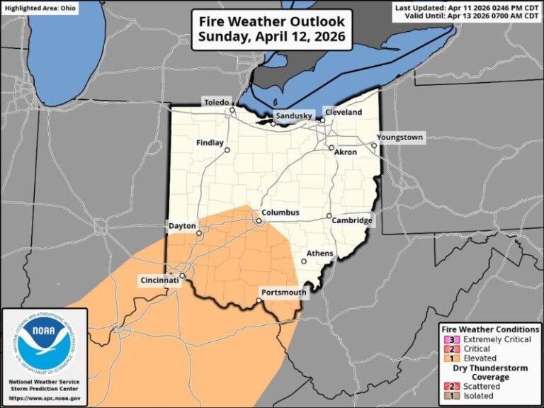 Ohio Faces Elevated Fire Weather Risk Across Central and Southern Regions Sunday April 12 as Dry Warm Conditions and Gusty Winds Make Fire Spread Easier