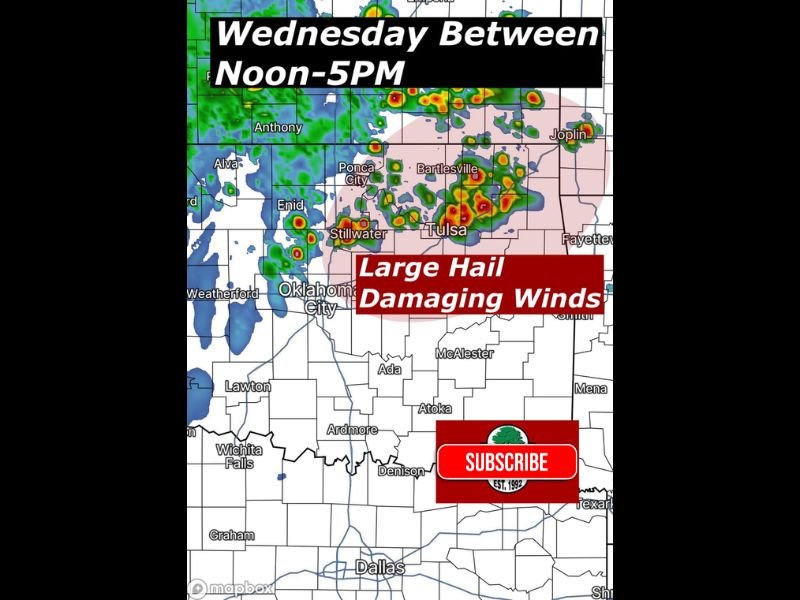 Oklahoma Cities Including Oklahoma City, Tulsa, Stillwater and Bartlesville Face Wednesday Storm Window With Large Hail and Damaging Winds Risk