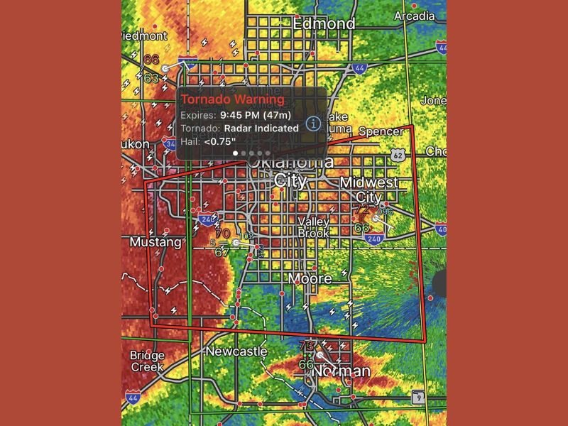 Oklahoma City and Moore Oklahoma Under Tornado Warning as Radar Indicates Circulation With Damaging Winds and Hail Risk