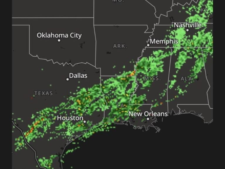 Overnight Rain Line Sliding Through Texas, Louisiana, Mississippi, and Alabama Bringing Wet Roads and Slick Driving Conditions Into Sunday Morning