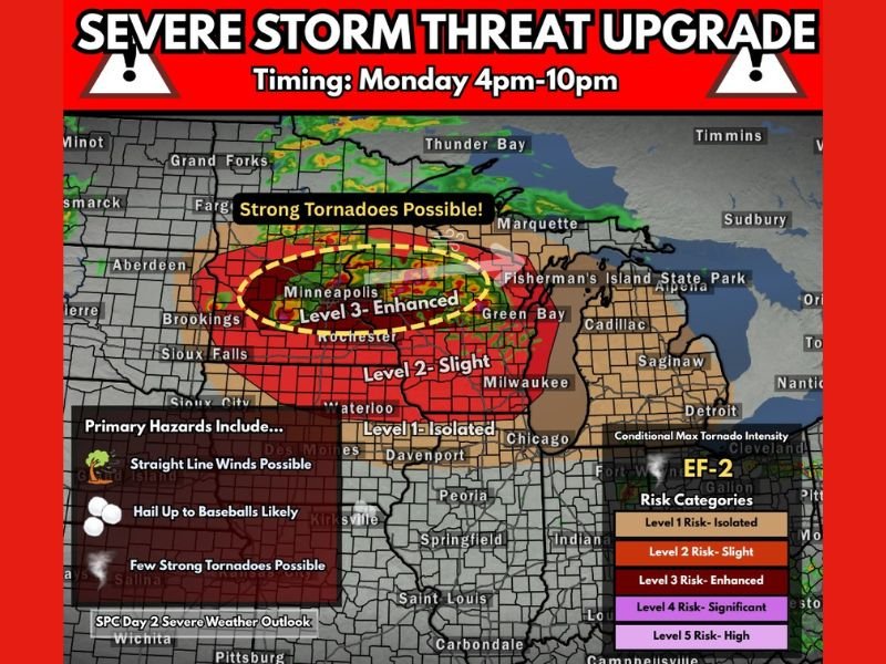SPC Upgrades Minnesota and Wisconsin to Level 3 Enhanced Risk Monday With Strong Tornadoes, Baseball-Sized Hail and Damaging Winds