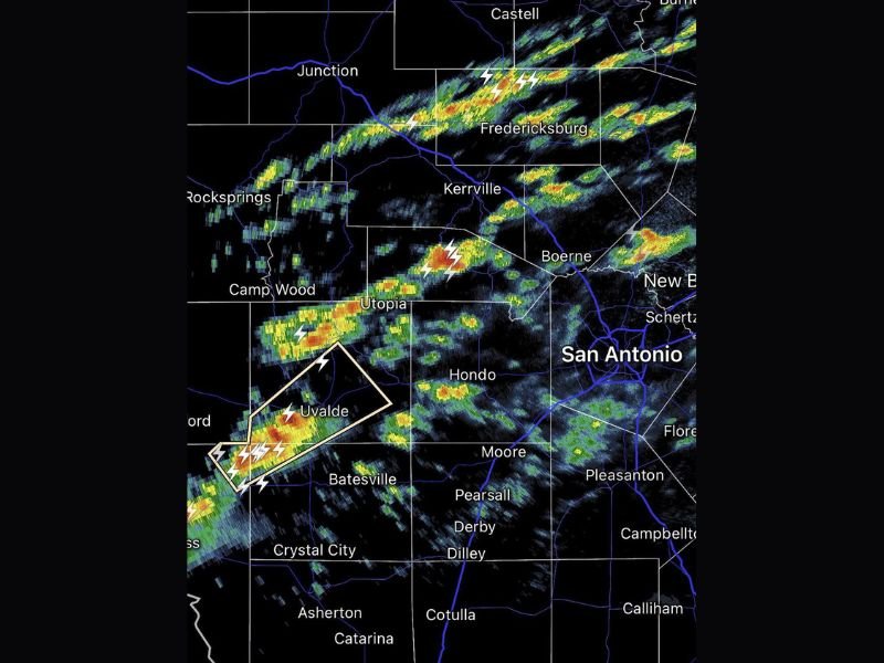 Scattered Thunderstorms Producing Dime Size Hail Near Uvalde and Pea Size Hail in Bandera County Texas Saturday Night
