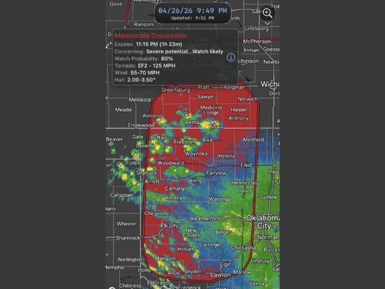 Severe Mesoscale Discussion Issued Across Western Oklahoma and Southwestern Kansas With Baseball Sized Hail and Strong Tornado Threat Overnight