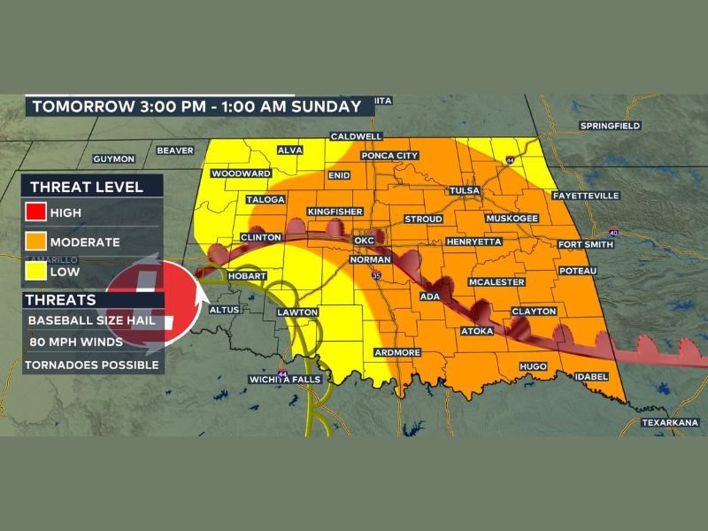 Severe Storm System Threatens Central Oklahoma Saturday With Baseball-Size Hail, 80 MPH Winds and Isolated Strong Tornadoes Active From 3 PM Through Early Sunday Morning