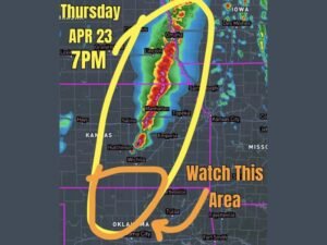Severe Storms and Supercell Threat Erupts Across Nebraska, Kansas and Oklahoma Along Dryline Thursday April 23 With Damaging Winds and Embedded Circulations Expected by 7 PM