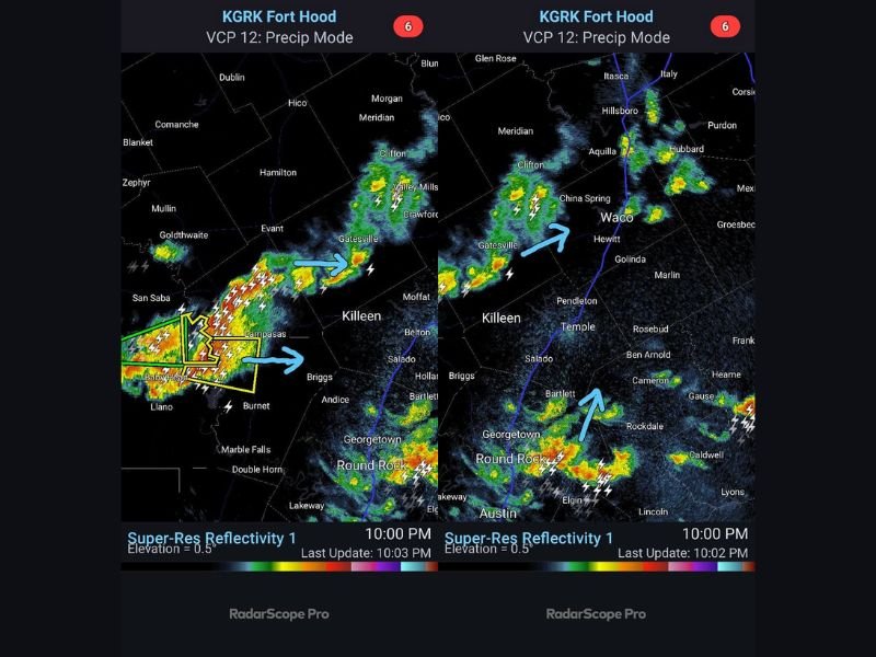 Severe Thunderstorm Pushes Into Burnet and Lampasas Counties Texas Bringing Large Hail, Flash Flooding Risk and Lightning Toward Killeen and Fort Hood Before Midnight