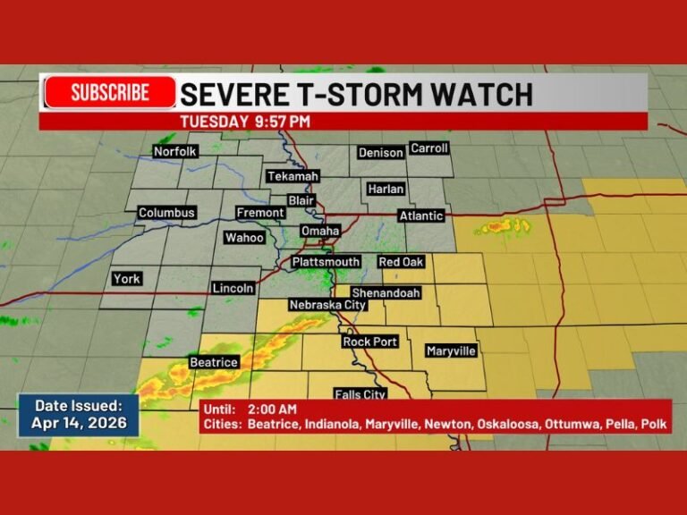 Severe Thunderstorm Watch Issued Across Nebraska and Iowa Tuesday Night With Dangerous Storms Threatening Omaha, Lincoln, and Surrounding Communities Until 2 AM