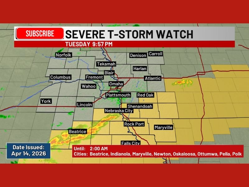 Severe Thunderstorm Watch Issued Across Nebraska and Iowa Tuesday Night With Dangerous Storms Threatening Omaha, Lincoln, and Surrounding Communities Until 2 AM