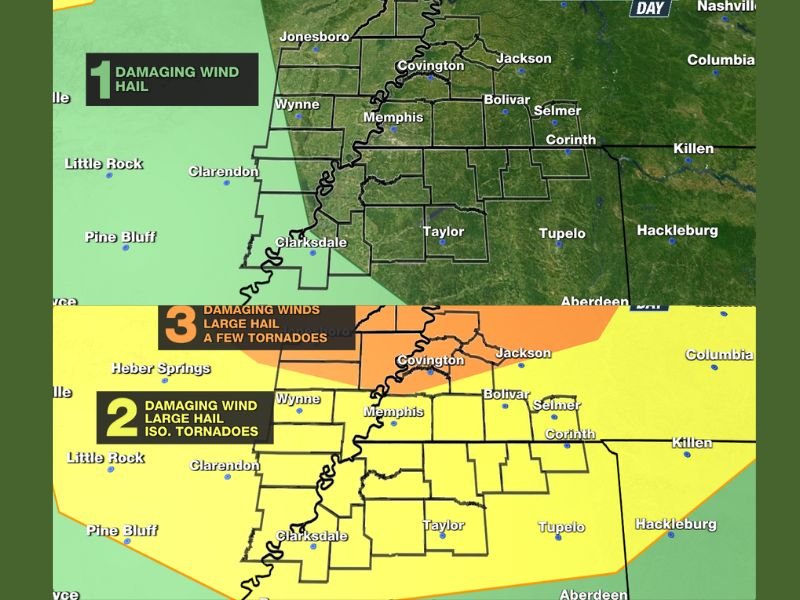 Severe Weather Day Declared for Monday Across Mid-South and Memphis Tennessee With Level 2 to 3 Risk for Tornadoes, Large Hail and Damaging Winds