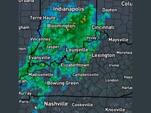 Showers Pushing Eastward Across Indiana, Kentucky, and Ohio Covering Indianapolis, Louisville, and Cincinnati Saturday Morning With No Severe Hazards
