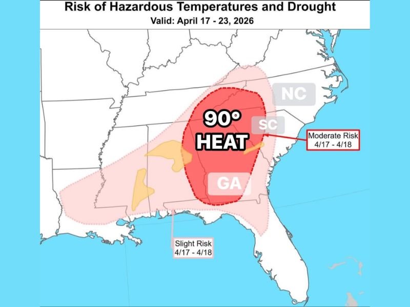 South Carolina, North Carolina, and Georgia Face Rare April Heat Wave With 90 Degree Temperatures and Growing Flash Drought Risk Next Week