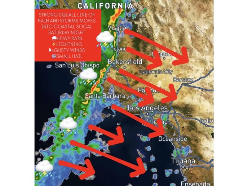 Southern California Faces Late-Night Squall Line With Heavy Rain, Lightning, Gusty Winds and Small Hail From Santa Barbara to Los Angeles