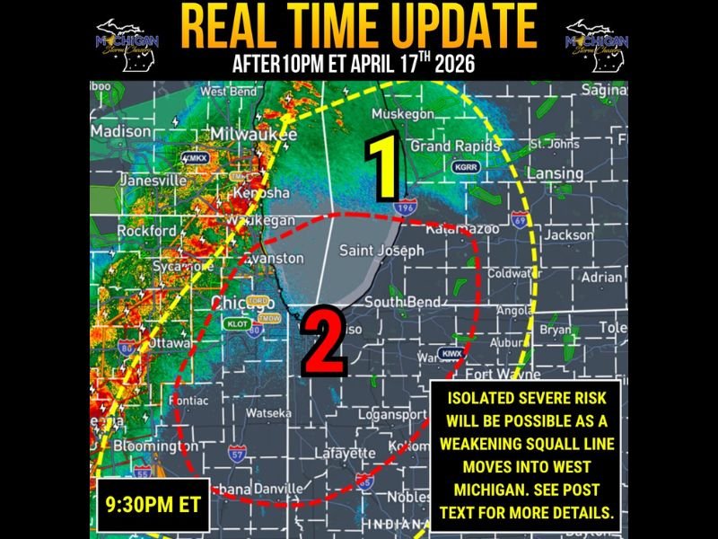 Squall Line Moving Into Western Michigan Friday Night Bringing Isolated Tornado and 60 MPH Wind Threat Across Grand Rapids and Chicago Areas After 10 PM
