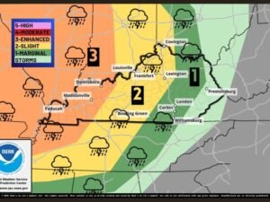 Storm Prediction Center Flags Level 3 Enhanced Severe Storm Threat Across Western Kentucky, Level 2 for Louisville and Bowling Green, Level 1 for Lexington on April 27