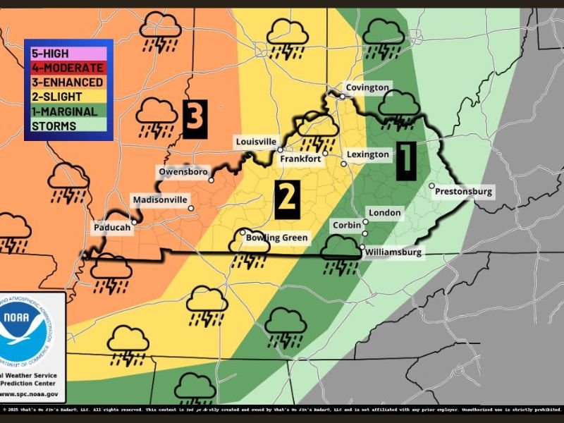 Storm Prediction Center Flags Level 3 Enhanced Severe Storm Threat Across Western Kentucky, Level 2 for Louisville and Bowling Green, Level 1 for Lexington on April 27