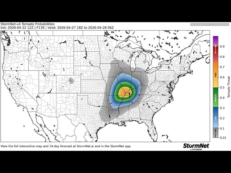 StormNet AI Tool Flags Unusually Strong Tornado Probability Signal for Tennessee, Kentucky, Arkansas, Illinois and Missouri on Monday April 28 as Severe Weather Ramps Up Late April