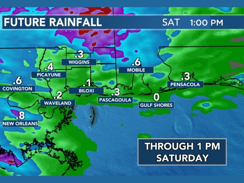 Storms Moving Through Louisiana, Mississippi and Alabama Friday Night Into Saturday Morning With New Orleans, Mobile and Covington Expected to See the Highest Rainfall Totals