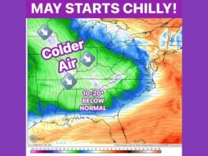 Temperatures to Plunge 10 to 20 Degrees Below Normal Across Texas, Oklahoma, Kansas, Missouri and Eastern US as May Starts Chilly With Highs in the 60s and Lows in the 40s