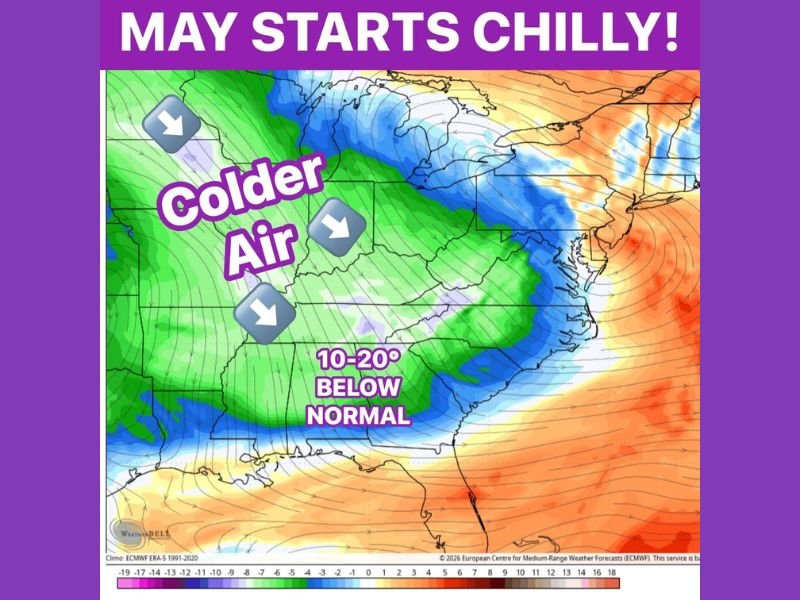 Temperatures to Plunge 10 to 20 Degrees Below Normal Across Texas, Oklahoma, Kansas, Missouri and Eastern US as May Starts Chilly With Highs in the 60s and Lows in the 40s