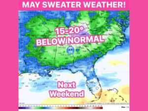 Temperatures to Plunge 15 to 20 Degrees Below Normal Across the South and Eastern US Next Weekend With Highs in the 50s and 60s and Lows Dropping Into the 30s and 40s